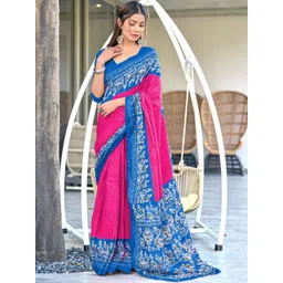 Moda Rapido Pink & Blue Woven Design Pure Cotton Block Print Saree-picture-33