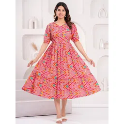 Moda Rapido Print Puff Sleeve Layered Maternity Fit & Flare Midi Dress-picture-27