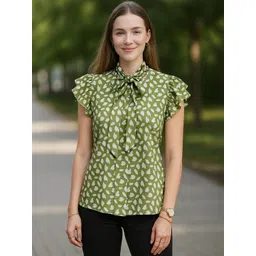 Moda Rapido Print Tie-Up Neck Flutter Sleeve Ruffles Crepe Top-picture-22
