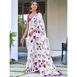 Moda Rapido White Colourblocked Pure Cotton Block Print Sarees-picture-26