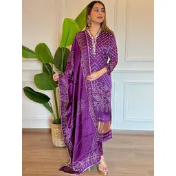 Moda Rapido Women Bandhani Printed Regular Thread Work Kurta with Trousers & With Dupatta-picture-26