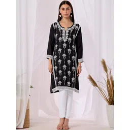 Moda Rapido Women Black Floral Embroidered Round Neck Kurti-picture-37