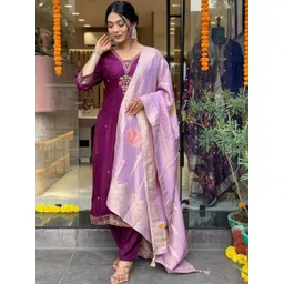 Moda Rapido Women Ethnic Motifs Embroidered Regular Thread Work Chanderi Silk Kurta with Patiala & With-picture-34