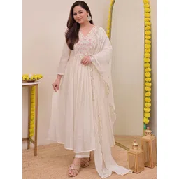 Moda Rapido Women Floral Embroidered Empire Sequinned Chanderi Silk Kurta with Trousers & With Dupatta-picture-33