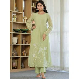 Moda Rapido Women Floral Embroidered Panelled Thread Work Chanderi Silk Kurta with Trousers & With Dupatta-picture-10