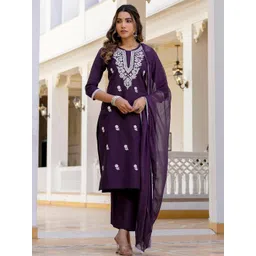 Moda Rapido Women Floral Embroidered Regular Chikankari Kurta with Trousers & With Dupatta-picture-18