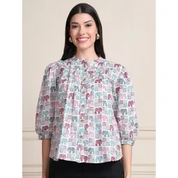 Moda Rapido Women Floral Print Mandarin Collar Puff Sleeve Organic Cotton Top-picture-37