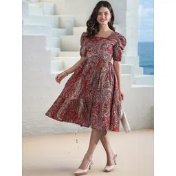 Moda Rapido Women Floral Print Red Cotton Puff Sleeve Fit & Flare Dress-image-32