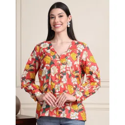 Moda Rapido Women Floral Printed Organic Cotton V-Neck Shirt Style Top-picture-38