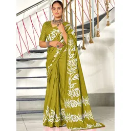 Moda Rapido Women Green & White Floral Block Printed Cotton Saree-picture-31