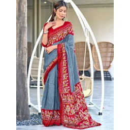 Moda Rapido Women Grey & Red Pure Cotton Batik Print Sarees-picture-12