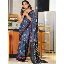 Moda Rapido Women Grey Colourblocked Pure Cotton Block Print Sarees With Blouse Piece-picture-31