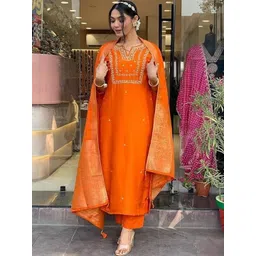 Moda Rapido Women Orange Embroidered Poly Silk Kurta Sets image 1