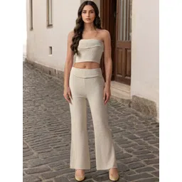 Moda Rapido Women Pack of 2pcs Beige Solid Polyester Top & Trousers-picture-36