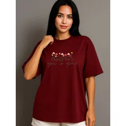 moda rapido Women Printed Round Neck Pure Cotton Maroon T-Shirt-picture-12