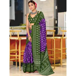 Moda Rapido Women Purple & Green Leaf Printed Cotton Saree-picture-12