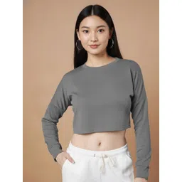 moda rapido Women Solid Crew Neck Polyester Grey T-Shirt-picture-11