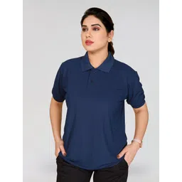 moda rapido Women Solid Polo Neck Polyester Navy Blue T-Shirt-picture-14
