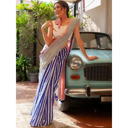 Moda Rapido Women Striped Block Print Saree With An Unstitched Blouse Piece-picture-34