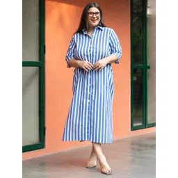 Moda Rapido Women Striped Pure Cotton Shirt Style Midi Dress-picture-22