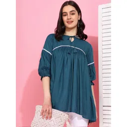 Moda Rapido Women Turquoise Blue Solid Viscose Rayon Tops-picture-20