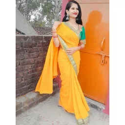 Moda Rapido Women Yellow & Green Zari Poly Chiffon Lace Border Saree-picture-13