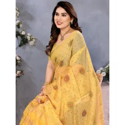 Moda Rapido Women Yellow Kota Doria Cotton Manipuri Printed Saree With Blouse Piece image 3