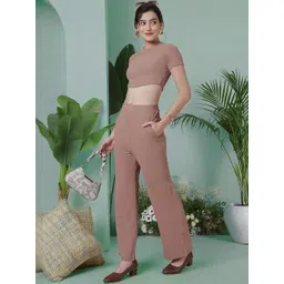 Moda Rapido Womens Brown Polyester Solid Round Neck Top And Trousers Co-ords-image-1