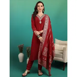 NEW ETHNIC 4 YOU Women Red Silk Blend Floral Embroidered Kurta With Trousers & Dupatta-image-34