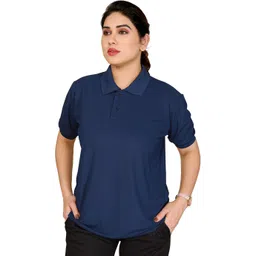 moda rapido Women Solid Polo Neck Polyester Navy Blue T-Shirt image 1