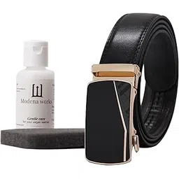 modena works Men's Vegan Leather Belt | FREE Vegan Leather Revival Kit | Burgamot Gold (Black)-picture-27