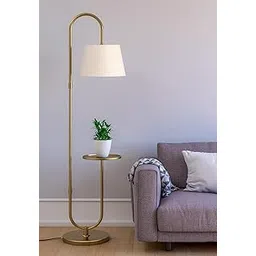 Modern Floor Lamp with End Table, Rubber Wood Bedside Table Lamp with Adjustable Drum Shade, Rustic Tall Pole Shelf Reading Standing Light for Farmhouse Bedroom, Living Room, Office-picture-21