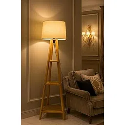 Modern Floor Lamp with Storage Shelves, Wooden Frame, Fabric Shade, Standing Design for Living Room, Bedroom, Reading-picture-28