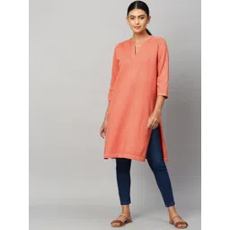 Modern Indian by CHEMISTRY Women Peach-Coloured Solid Thread Work Cotton Kurta-picture-32