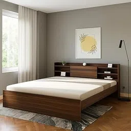 Modern Platform Bed with Storage Headboard, Walnut Engineered Wood, King Size, 203 x 85 cm-picture-12