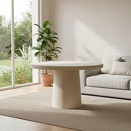 Modern Round Pedestal Dining Table, White Lime Plaster Finish, Contemporary Minimalist Style, Cylindrical Base-picture-29