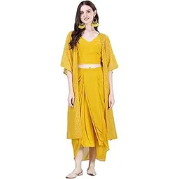 modestouze attires Haldi Outfit for Women Georgette - 3 Three Piece Stylish Mustard Yellow Dress Foil Printed Crop Top with Palazzo and Shrug Long Indo Western Jacket Style Cord, Co Ord Set Ceremony-picture-15