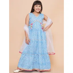 Modish Couture Girls Striped V-Neck Sleeveless Pure Cotton Maxi Ethnic Dress With Dupatta-picture-18