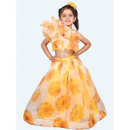 Modish Girls Yellow Floral Party One shoulder top with full length lehenga in Organza-picture-28