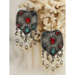 Moedbuille Crystal & Pearl Studded Afghan Design Silver-Plated Handcrafted Tassel Dangler Earrings-picture-45