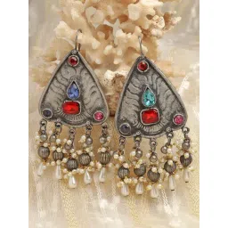 Moedbuille Crystal & Pearl Studded Afghan Design Silver-Plated Handcrafted Tassel Dangler Earrings-picture-32
