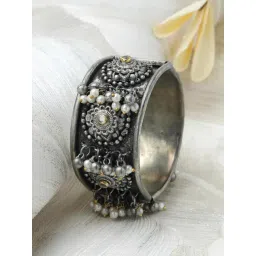 Moedbuille Crystals & Ghungroo Handcrafted Filigree Work Oxidised Silver Plated Antique Tribal Cuff-picture-28