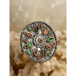 Moedbuille Crystals Studded Antique Tribal Design Oxidised Silver Plated Handcrafted Finger Ring-picture-20