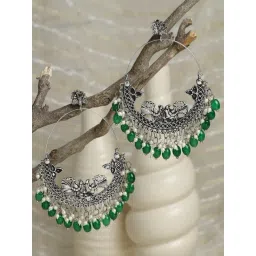 Moedbuille Handcrafted Green Pearl Filigree Work Silver-Plated Antique Tasselled Chand Bali Earrings-picture-18