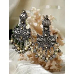 Moedbuille Kundan and Pearls Antique Tassell Design Oxidised Silver Plated Tribal Earrings-picture-36