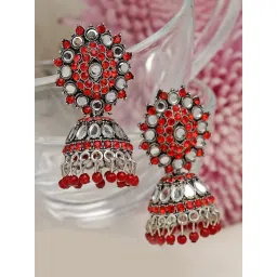 Moedbuille Mirror & Crystal Studded Tassel Floral Design Silver-Plated Antique Jhumki Earrings image 1