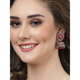 Moedbuille Mirror & Crystal Studded Tassel Floral Design Silver-Plated Antique Jhumki Earrings image 2