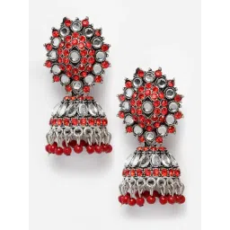 Moedbuille Mirror & Crystal Studded Tassel Floral Design Silver-Plated Antique Jhumki Earrings image 3