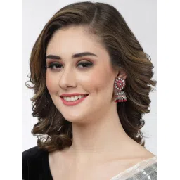 Moedbuille Mirror & Crystal Studded Tassel Floral Design Silver-Plated Antique Jhumki Earrings image 4