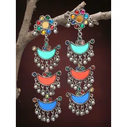 moedbuille MoedbuilleSilver-Plated Artificial Stones Studded Crescent Shaped Oxidised Drop Earrings-picture-27